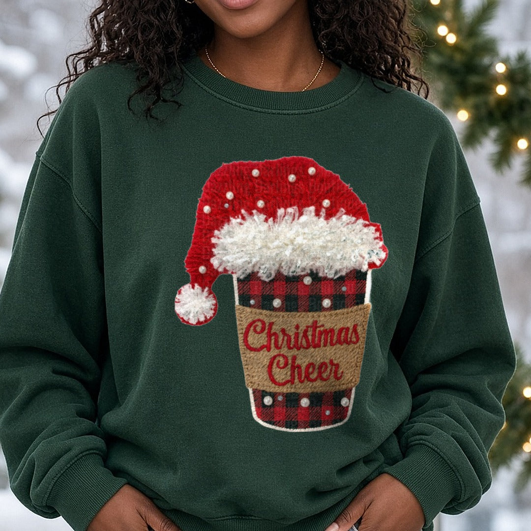 Christmas Cheer Coffee Faux Yarn DTF transfer shown on a Comfort Colors sweatshirt