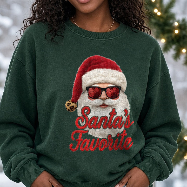 SANTAS FAVORITE - Copy DTF transfer shown on a Comfort Colors sweatshirt