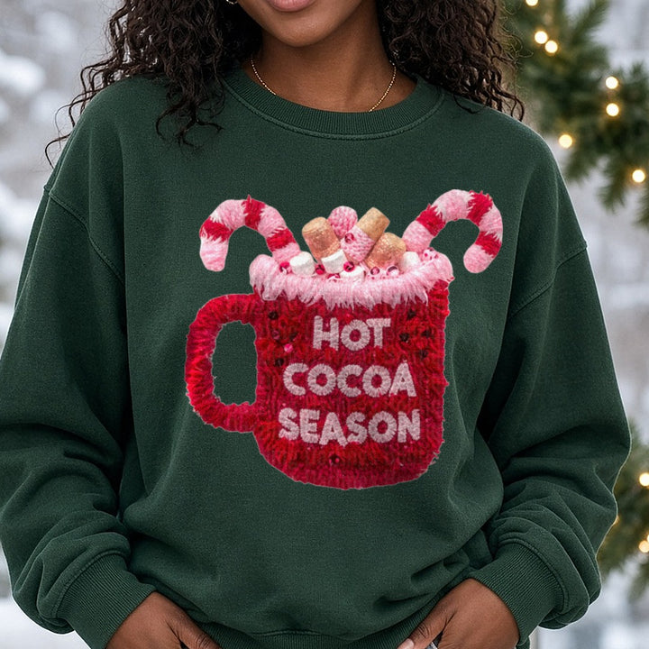 Hot Cocoa Season Faux Yarn DTF transfer shown on a Comfort Colors sweatshirt