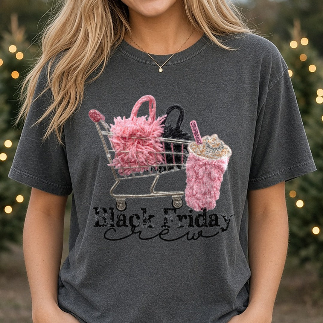 Black Friday Crew Faux Yarn DTF transfer shown on a Comfort Colors tee