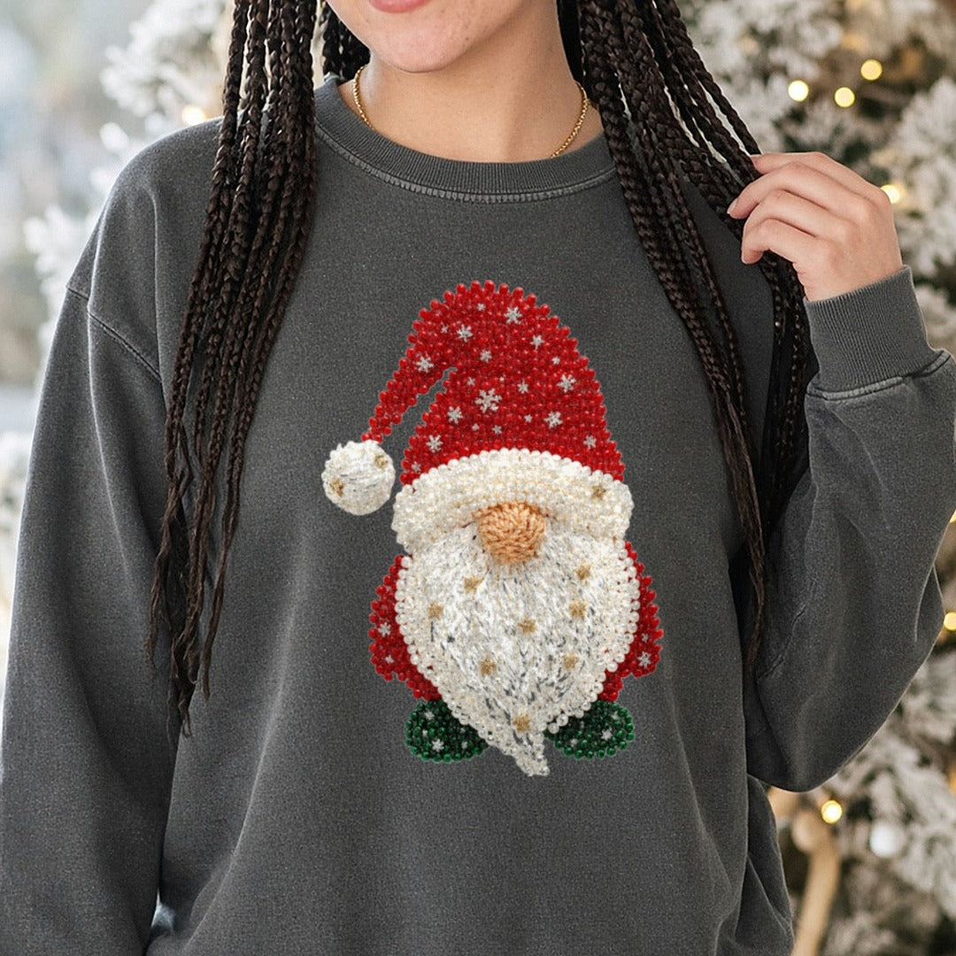 Christmas Gnome Faux Pearls DTF transfer shown on a Comfort Colors sweatshirt
