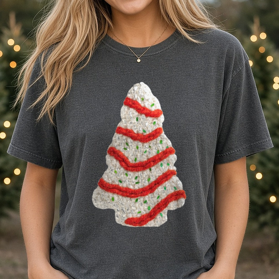 Christmas Tree Faux Yarn DTF transfer shown on a Comfort Colors tee