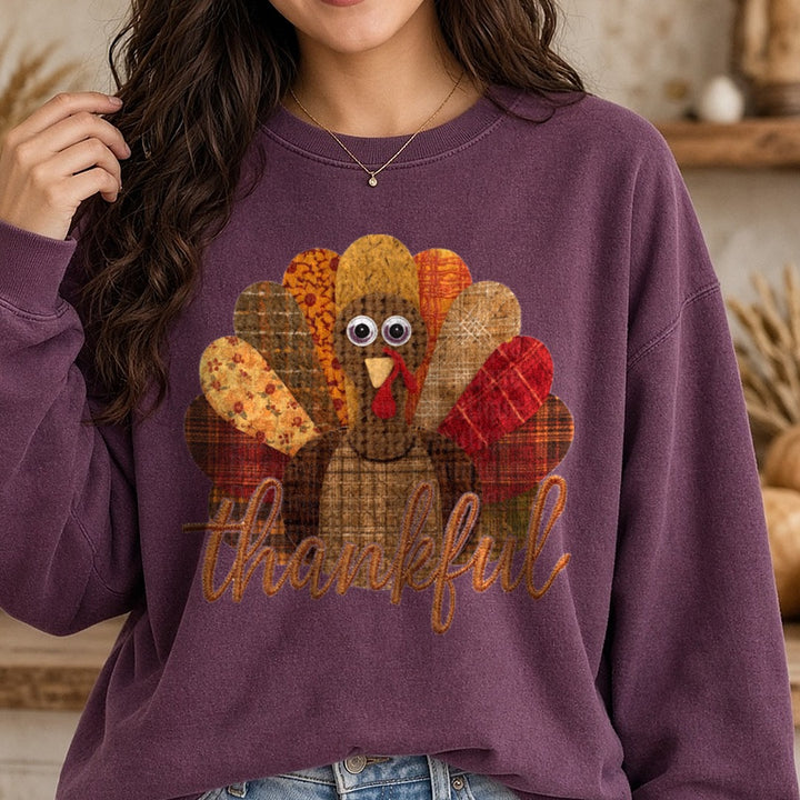 Thankful Turkey DTF transfer shown on a Comfort Colors sweatshirt