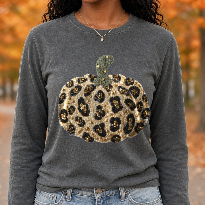 Leopard Pumpkin Faux Pearls DTF transfer shown on a Comfort Colors long sleeve tee