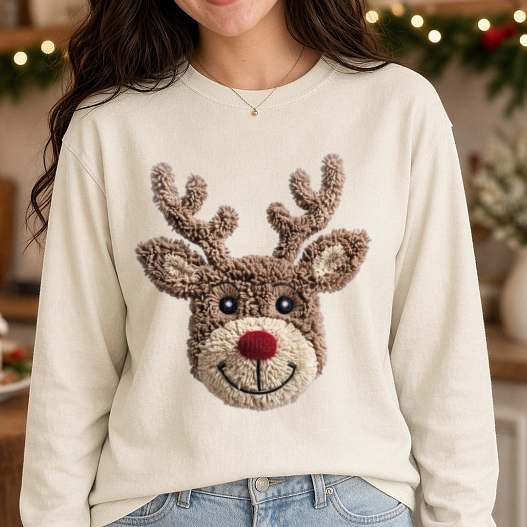 Crochet Reindeer DTF transfer shown on a Comfort Colors long sleeve tee