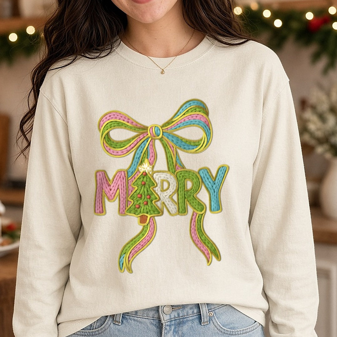 Crochet Merry Coquette Bow DTF transfer shown on a Comfort Colors long sleeve tee