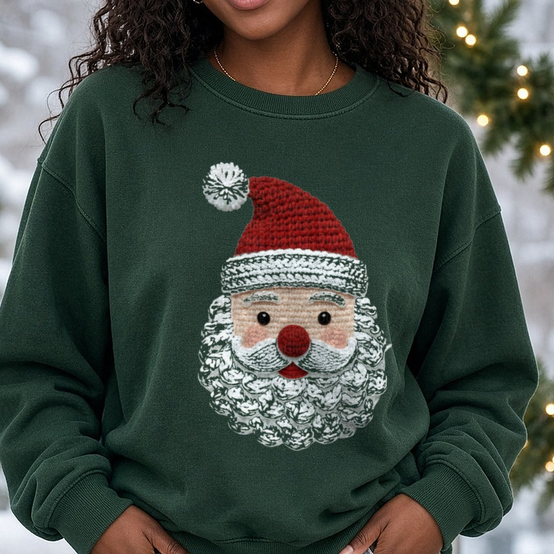 Cute Crochet Santa Christmas DTF transfer shown on a Comfort Colors sweatshirt