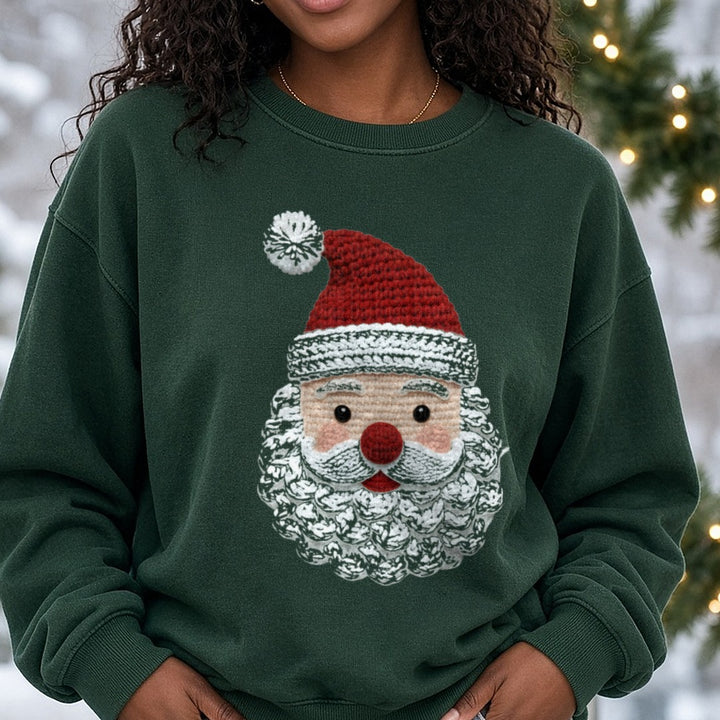 Cute Crochet Santa Christmas DTF transfer shown on a Comfort Colors sweatshirt