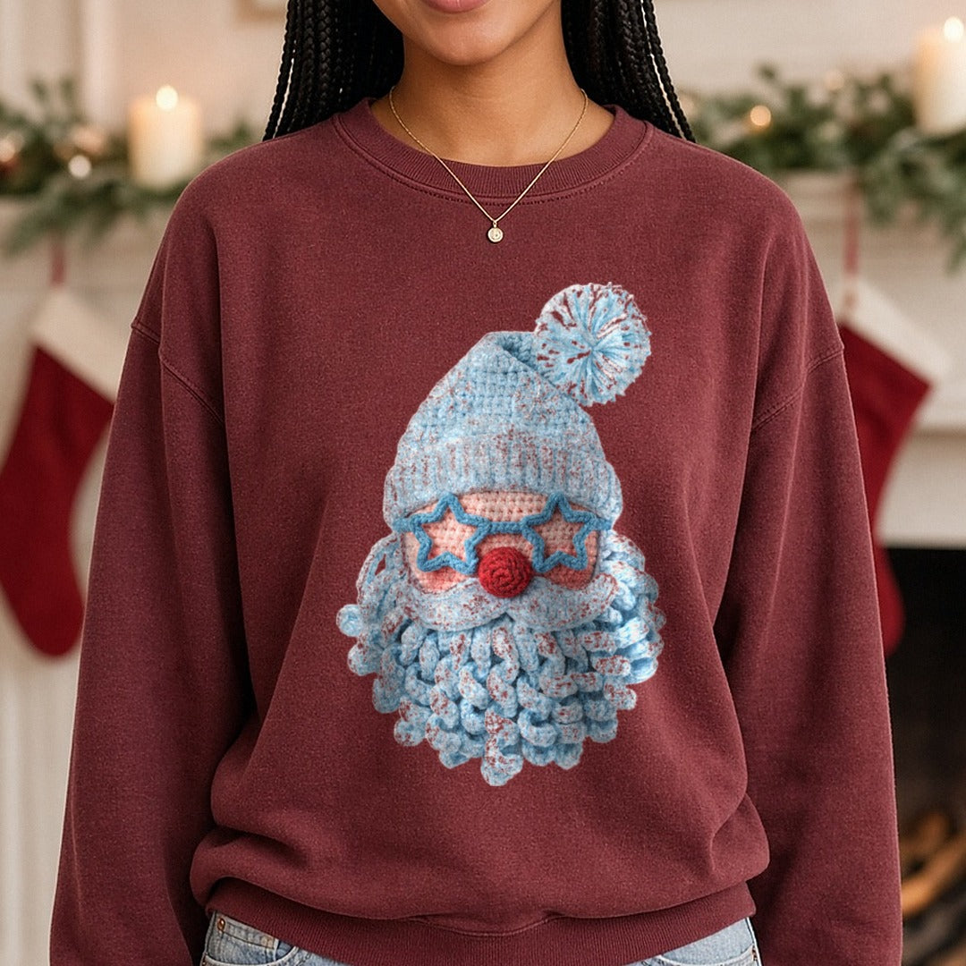 Blue Yarn Santa DTF transfer shown on a Comfort Colors sweatshirt
