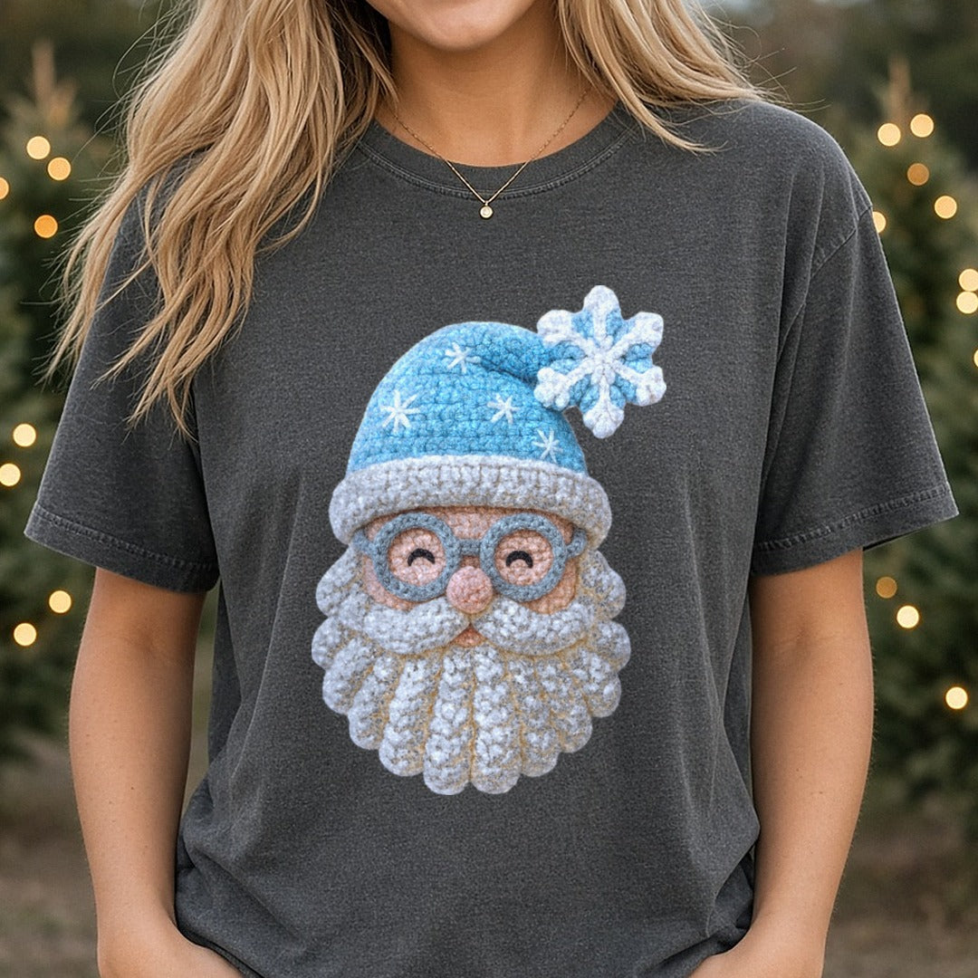 Blue Yarn Santa 2 DTF transfer shown on a Comfort Colors tee