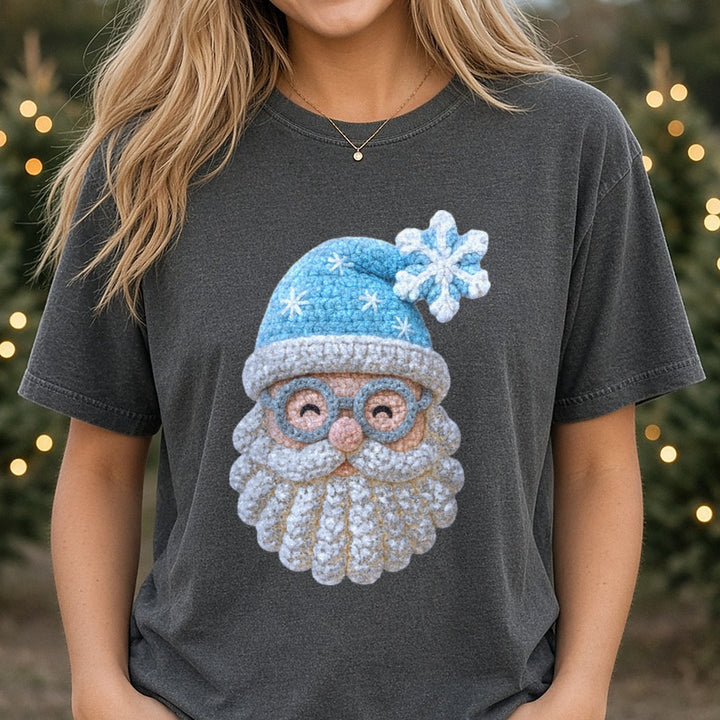 Blue Yarn Santa 2 DTF transfer shown on a Comfort Colors tee