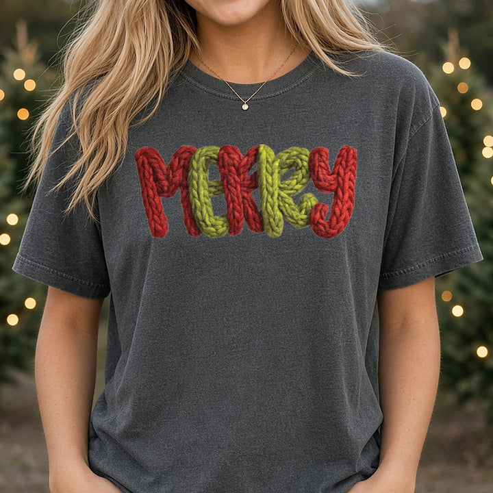 Crochet Merry Green and Red DTF transfer shown on a Comfort Colors tee