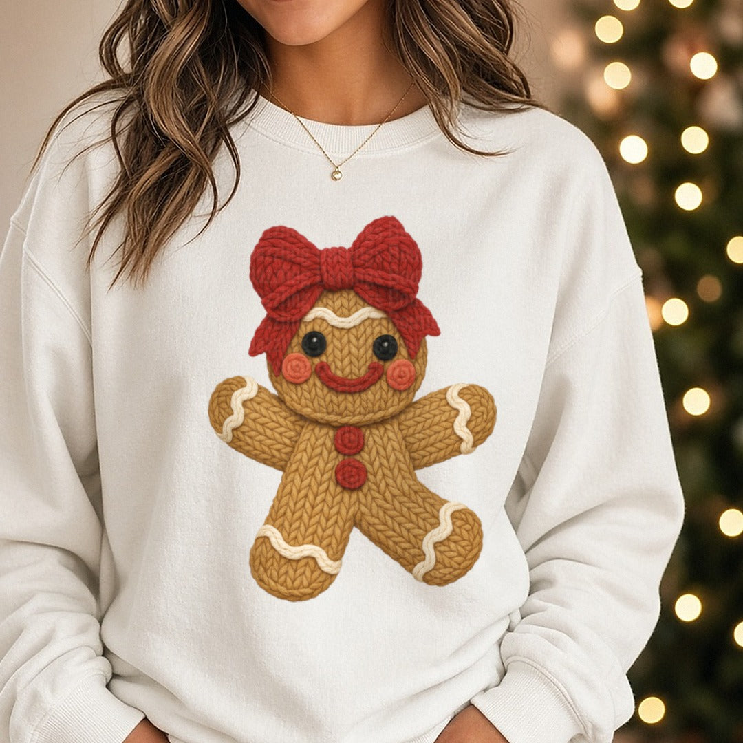 Crochet Gingerbread Man DTF transfer shown on a Comfort Colors sweatshirt