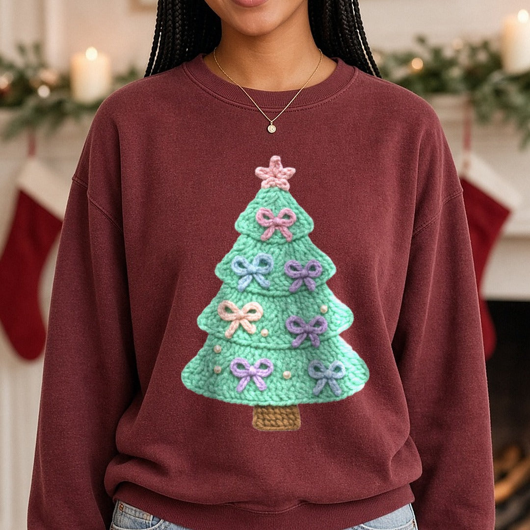 Crochet Blue Christmas Tree DTF transfer shown on a Comfort Colors sweatshirt