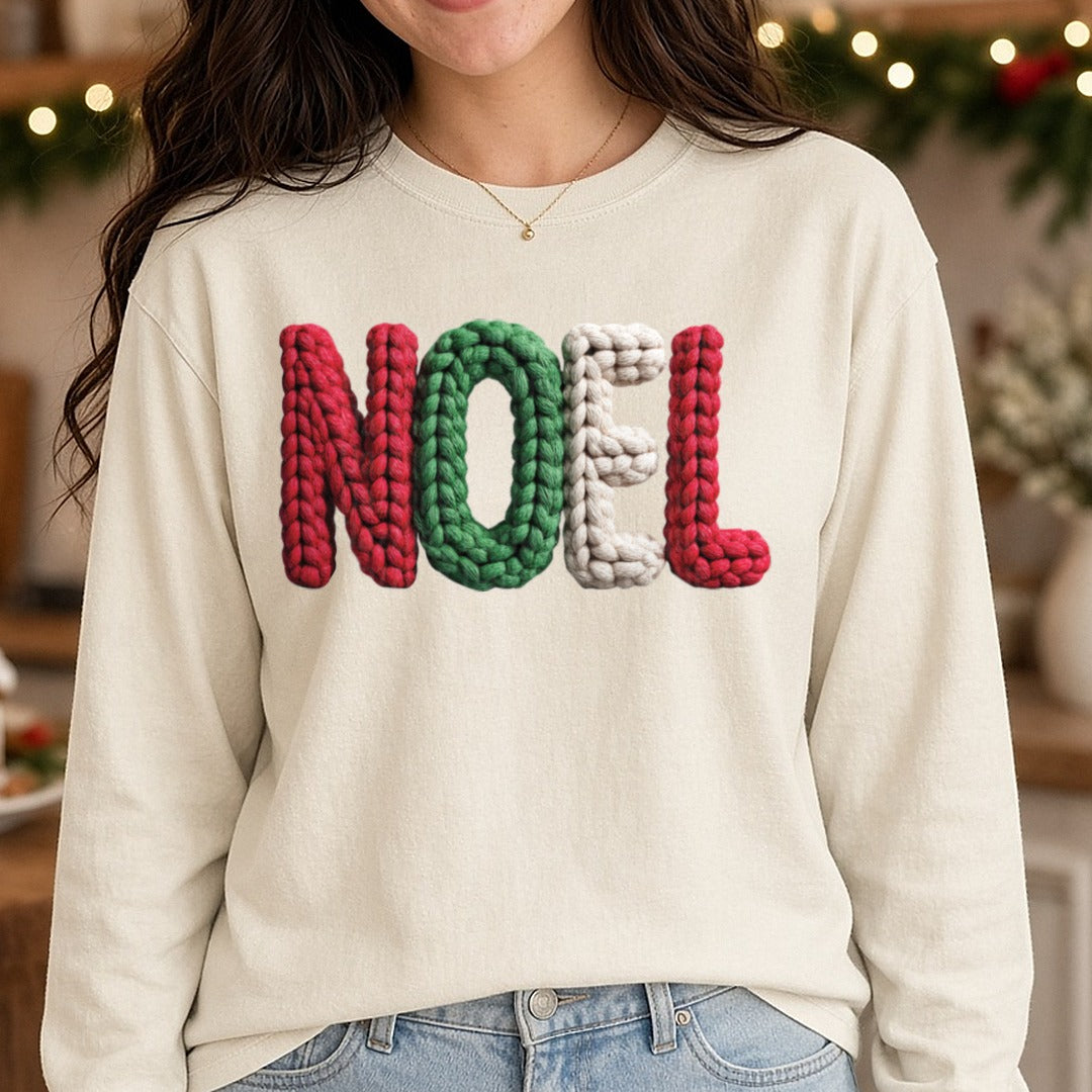 Crochet Noel Green and Red DTF transfer shown on a Comfort Colors long sleeve tee