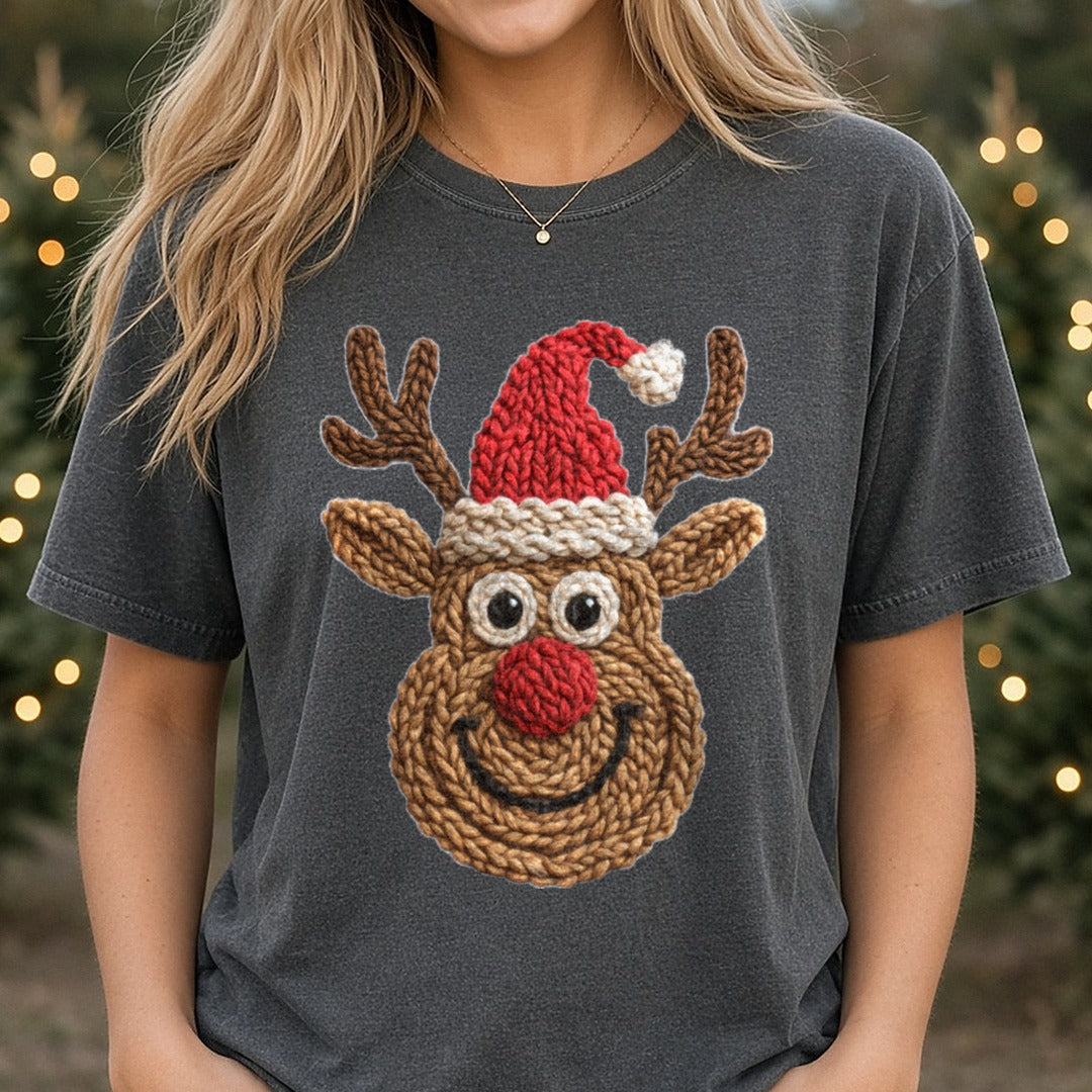 Crochet Reindeer with Santa Hat DTF transfer shown on a Comfort Colors tee