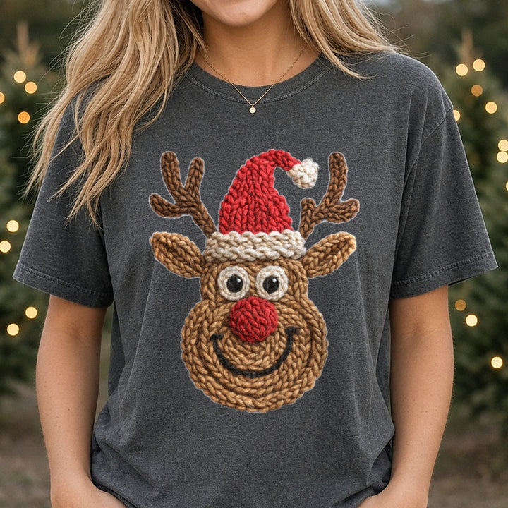 Crochet Reindeer with Santa Hat DTF transfer shown on a Comfort Colors tee