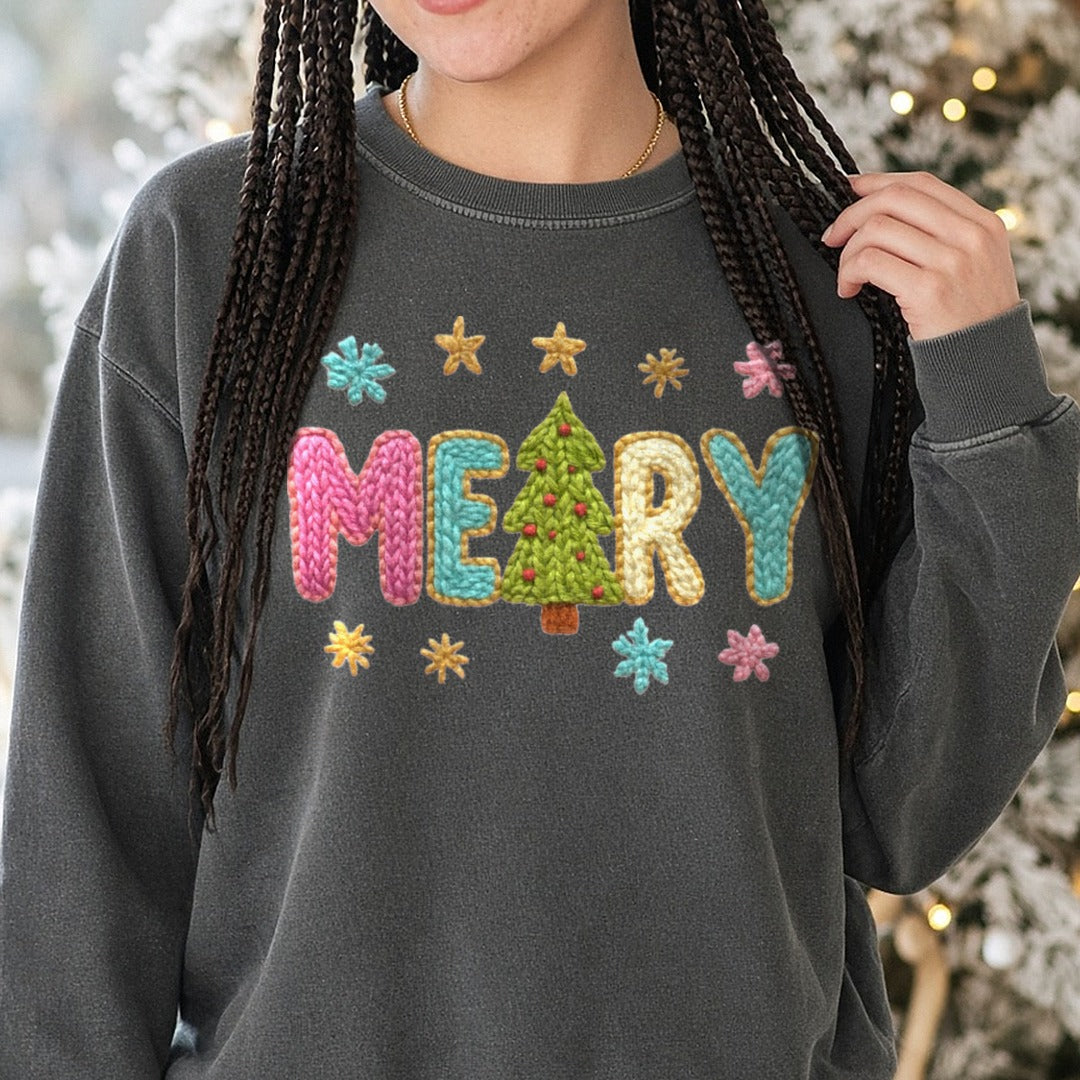 Crochet Merry with with Christmas Tree DTF transfer shown on a Comfort Colors sweatshirt