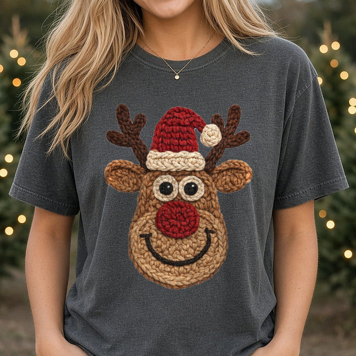Crochet Reindeer with Santa Hat and Red Nose DTF transfer shown on a Comfort Colors tee