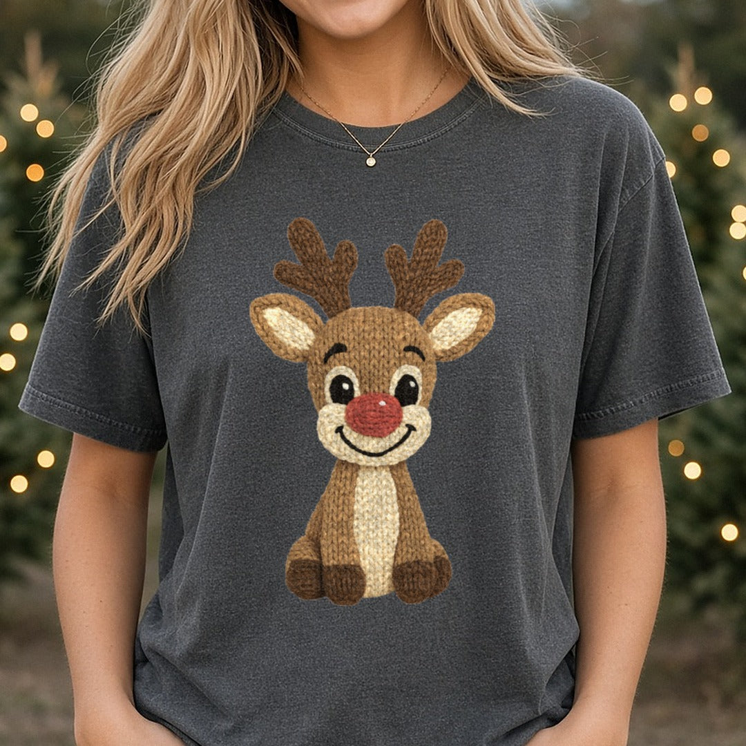 Crochet Boy Reindeer DTF transfer shown on a Comfort Colors tee