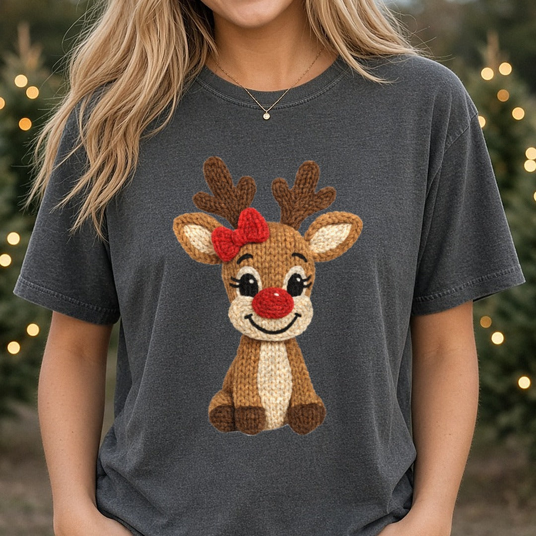 Crochet Girl Reindeer DTF transfer shown on a Comfort Colors tee