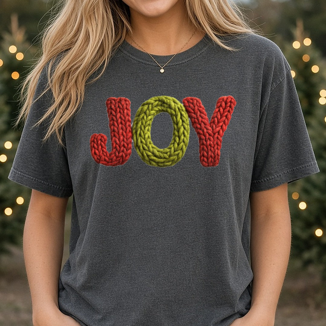 Crochet Joy Red and Green DTF transfer shown on a Comfort Colors tee