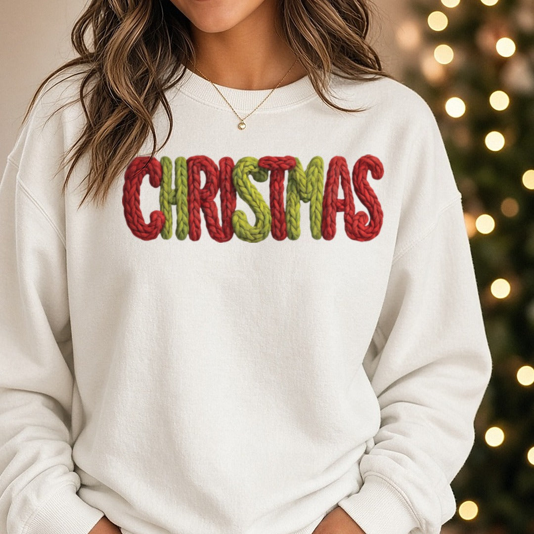 Crochet Christmas Red and Green DTF transfer shown on a Comfort Colors sweatshirt