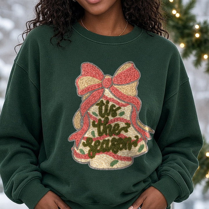 Crochet Christmas Cakes Tis the Season DTF transfer shown on a Comfort Colors sweatshirt