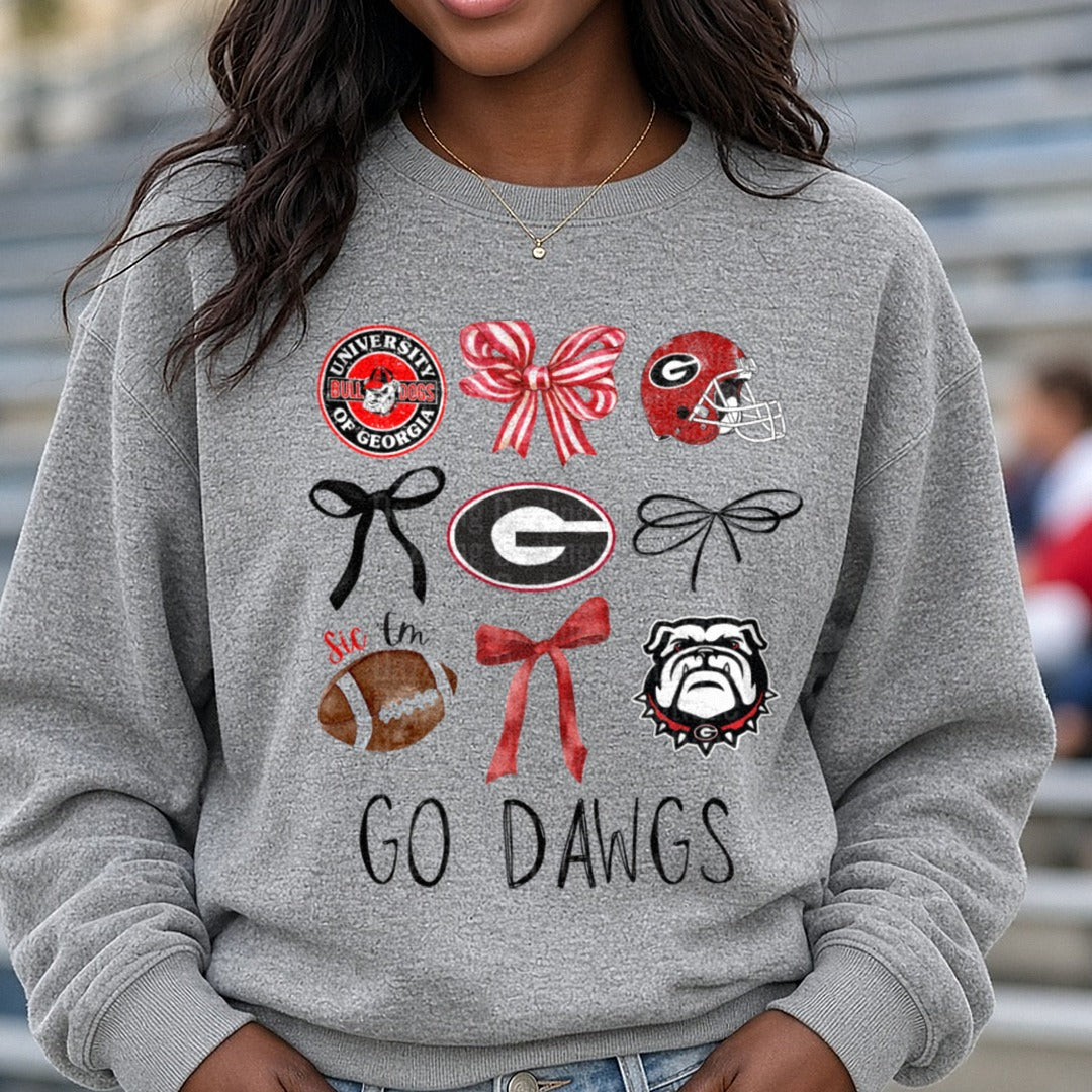 georgia bows collage DTF transfer shown on a Comfort Colors sweatshirt