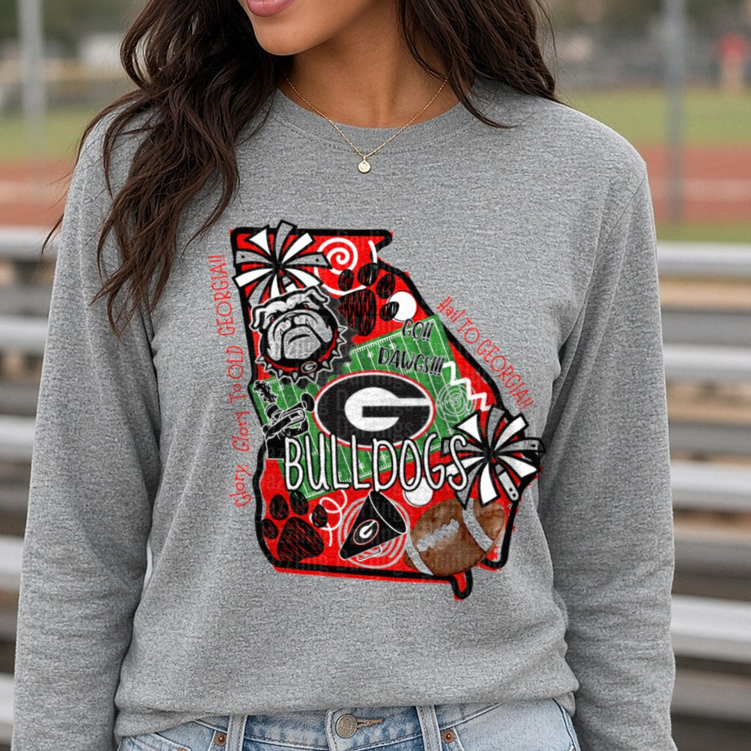 uga state bulldogs DTF transfer shown on a Comfort Colors long sleeve tee