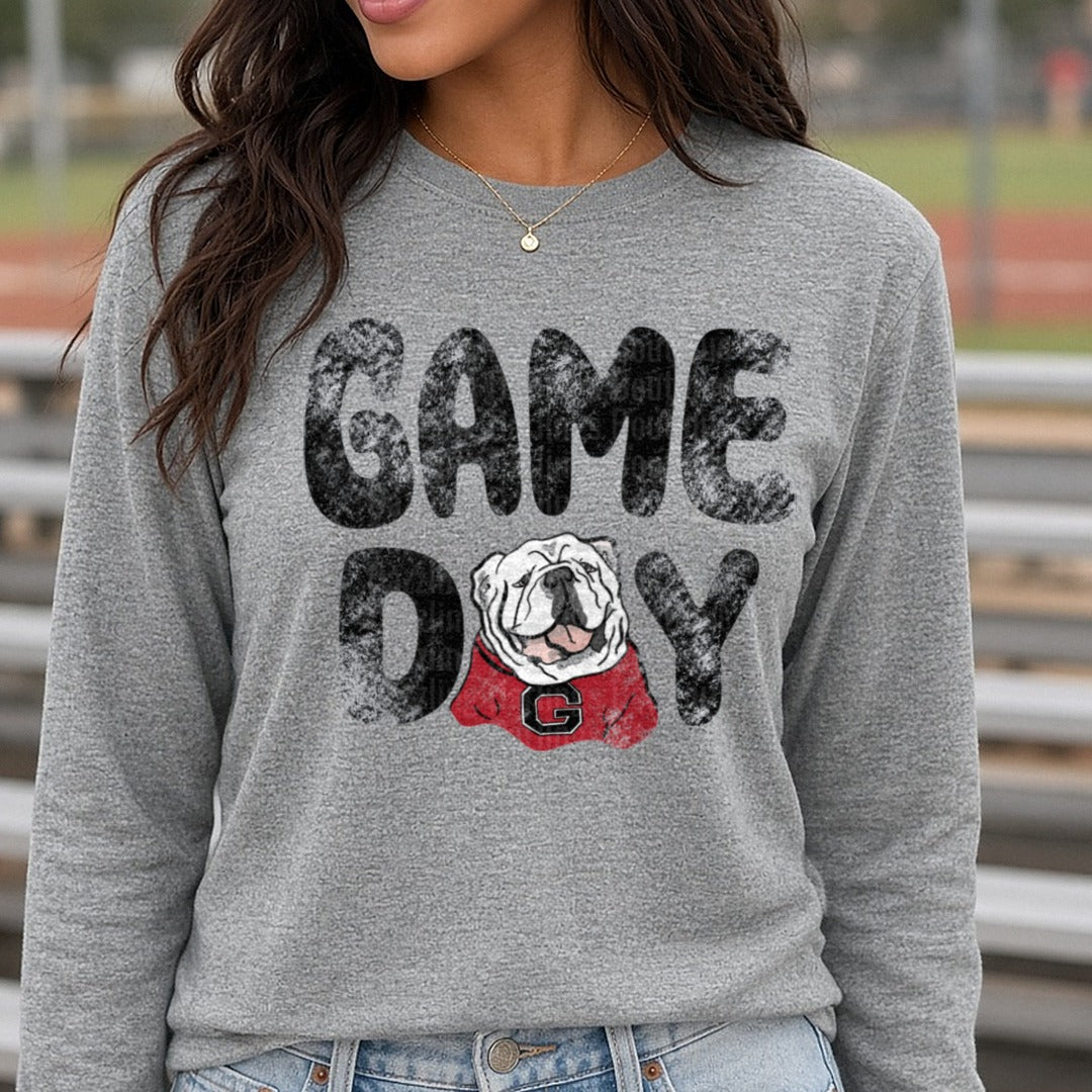 uga game day DTF transfer shown on a Comfort Colors long sleeve tee