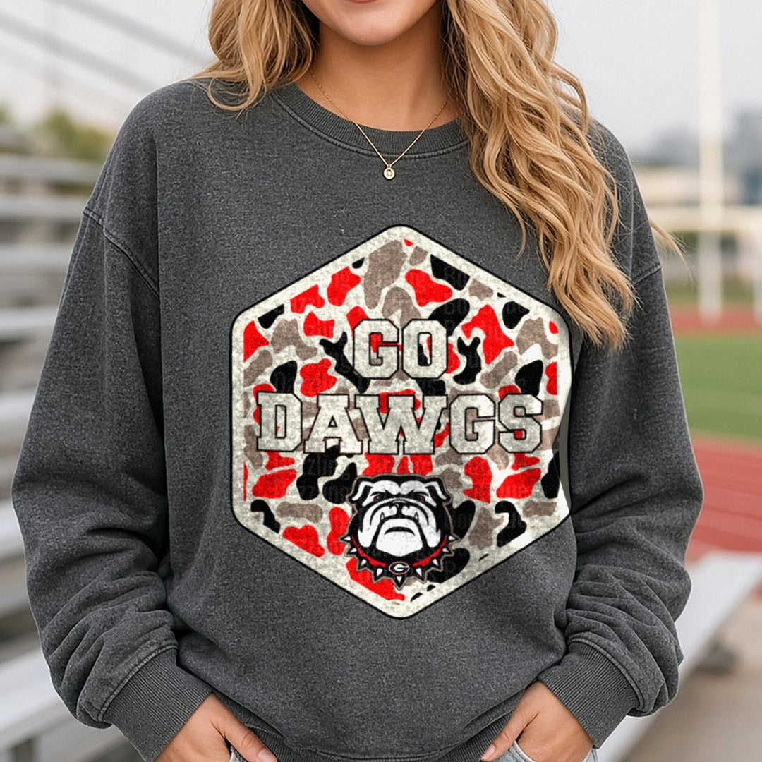 go dawgs red camo DTF transfer shown on a Comfort Colors sweatshirt
