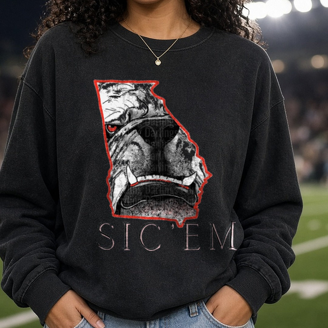 sic em georgia state DTF transfer shown on a Comfort Colors sweatshirt