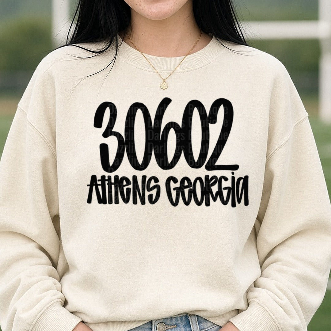 athens georgia zip code doodle DTF transfer shown on a Comfort Colors sweatshirt