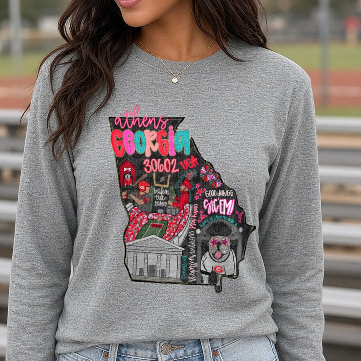 athens georgia state DTF transfer shown on a Comfort Colors long sleeve tee