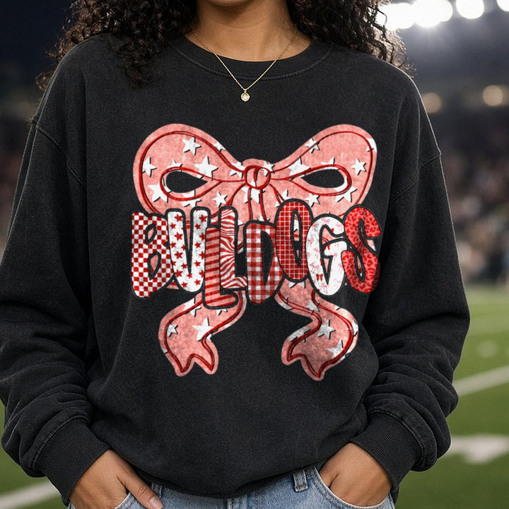 bulldogs doodle coquette bow DTF transfer shown on a Comfort Colors sweatshirt