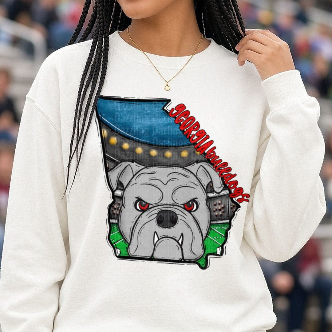 Georgia Bulldogs state 2 DTF transfer shown on a Comfort Colors sweatshirt