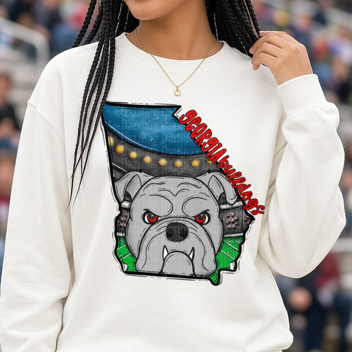 Georgia Bulldogs state 2 DTF transfer shown on a Comfort Colors sweatshirt