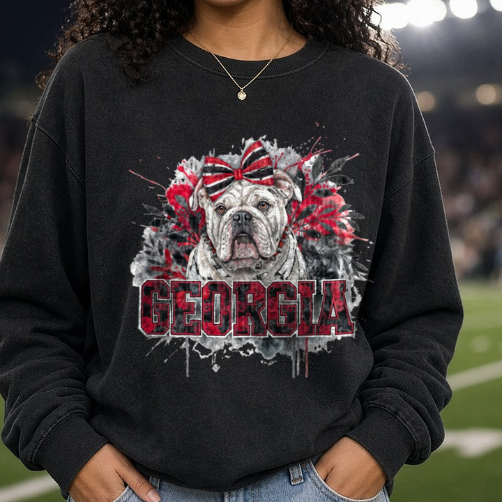 georgia bulldog splatter DTF transfer shown on a Comfort Colors sweatshirt