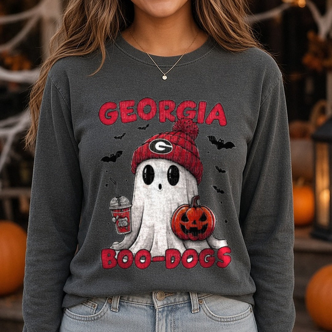 Georgia Boo Dogs Ghost DTF transfer shown on a Comfort Colors long sleeve tee