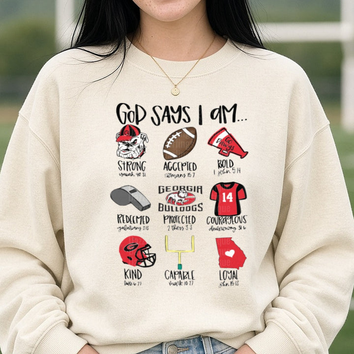 Georgia Bulldogs God Says I Am DTF transfer shown on a Comfort Colors sweatshirt