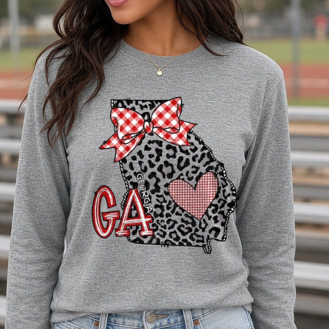 Geogia State with Leopard and Red Dot Bow DTF transfer shown on a Comfort Colors long sleeve tee