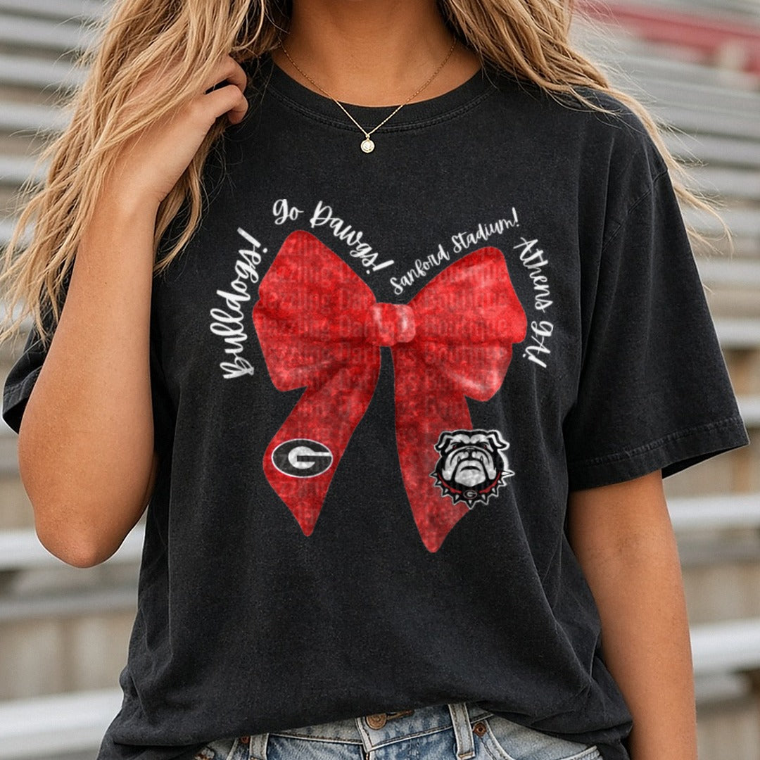 Georgia Bulldogs Coquette Bow Red DTF transfer shown on a Comfort Colors tee
