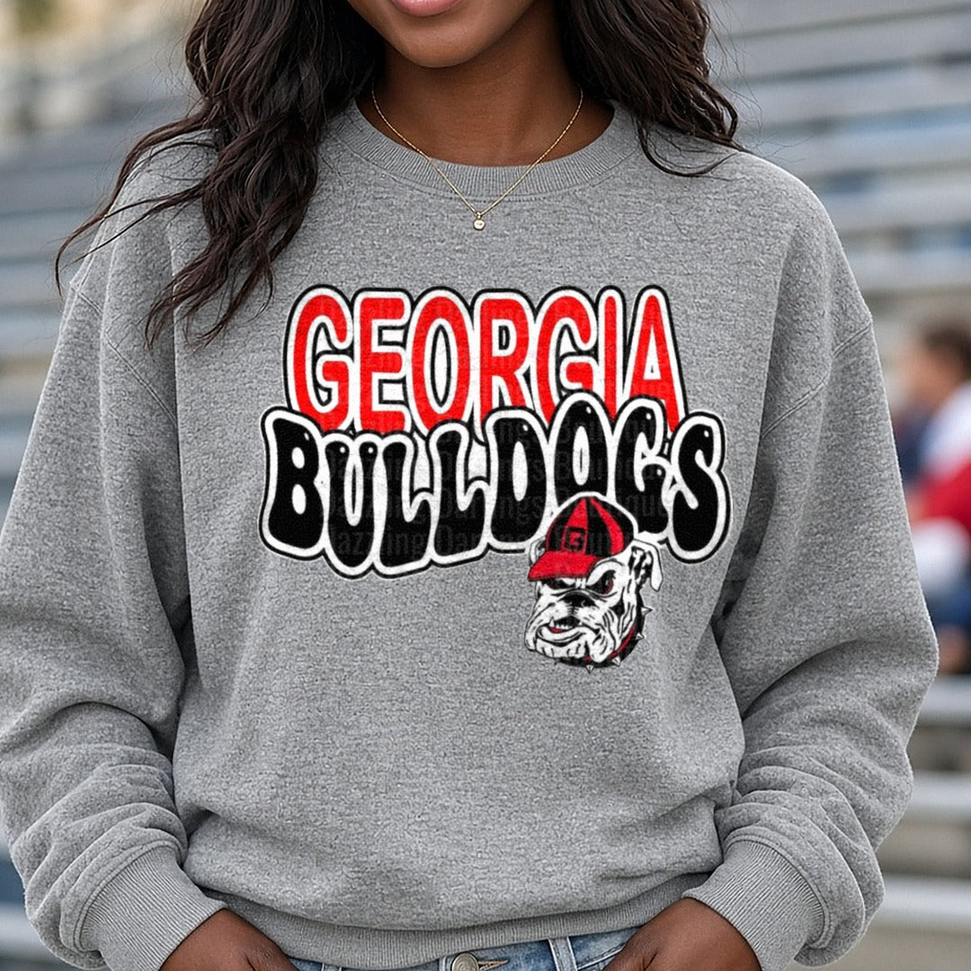 Georgia Bulldogs Bubble Letters DTF transfer shown on a Comfort Colors sweatshirt