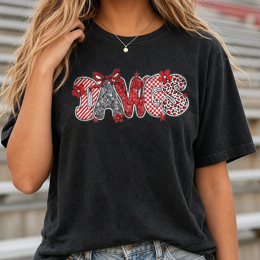 Georgia Bulldogs DAWGS Doodle Letters DTF transfer shown on a Comfort Colors tee