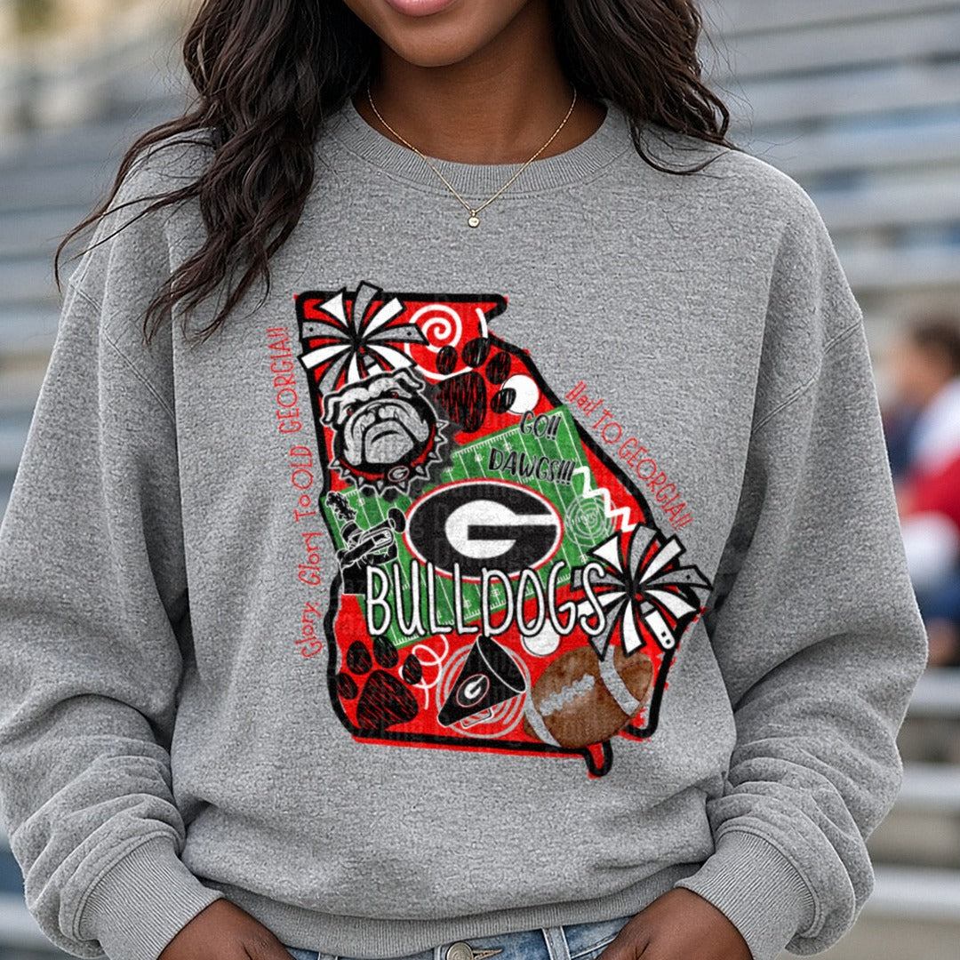 Georgia State Bulldogs Poms Football DTF transfer shown on a Comfort Colors sweatshirt