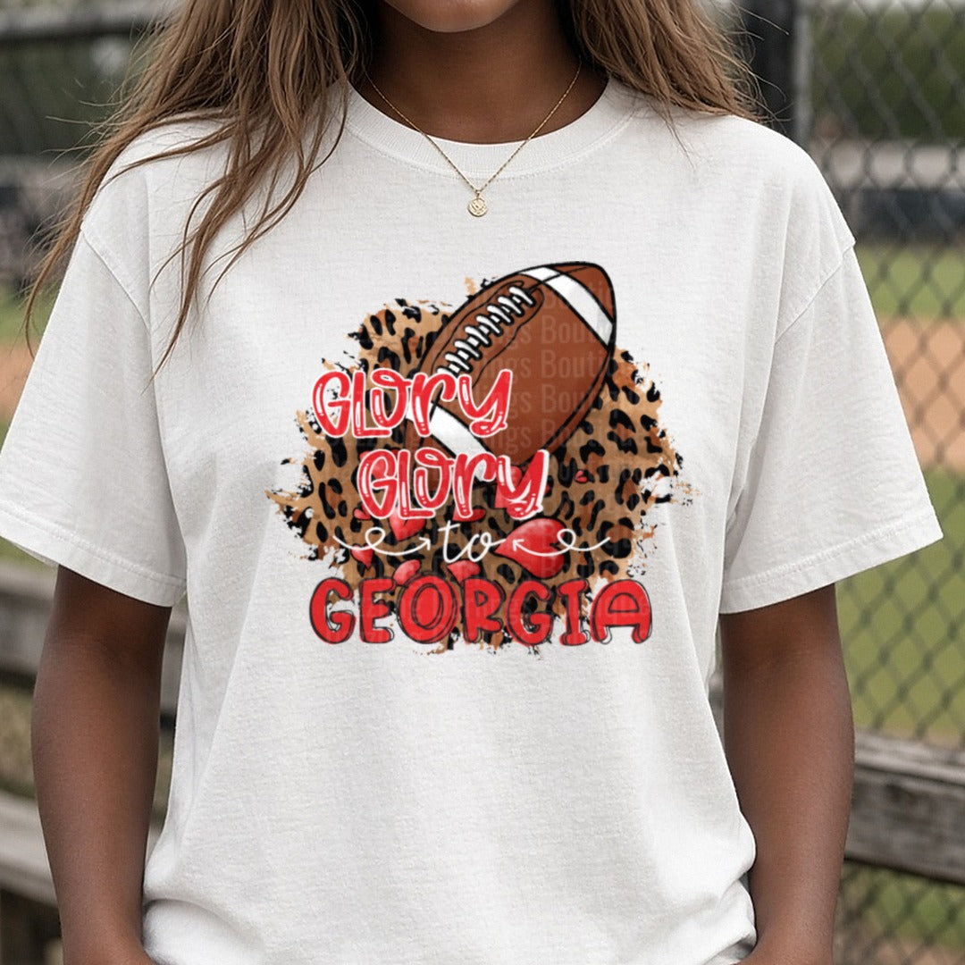 Glory Glory Georgia Bulldogs DTF transfer shown on a Comfort Colors tee