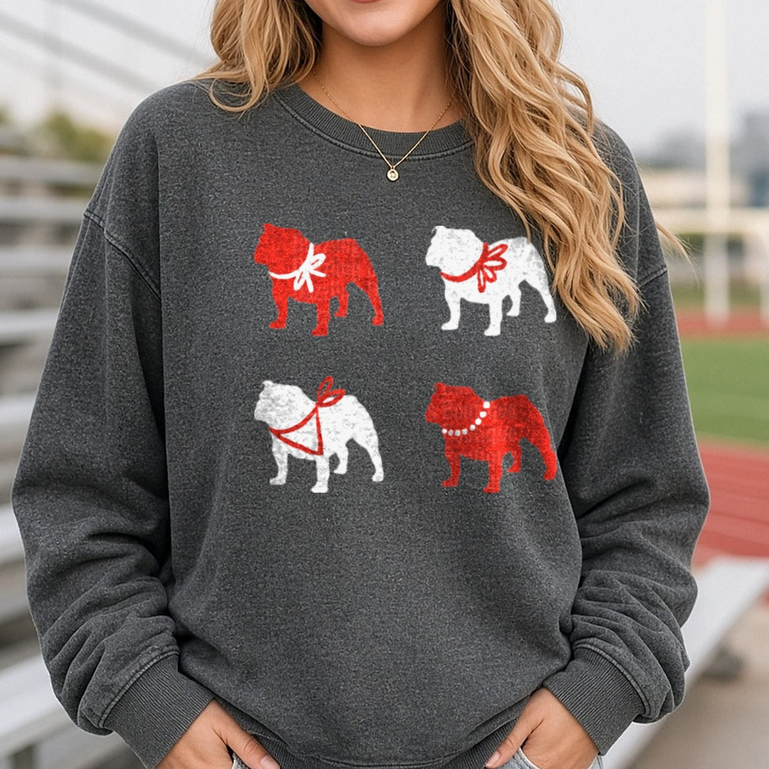 Bulldogs Red and White Collage DTF transfer shown on a Comfort Colors sweatshirt