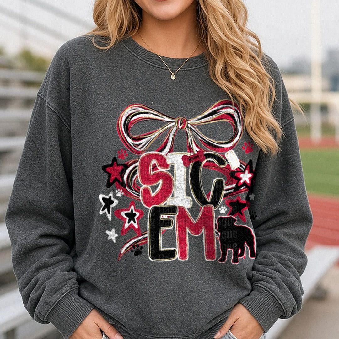 Georgia Bulldogs Sic 'Em Coquette Box DTF transfer shown on a Comfort Colors sweatshirt