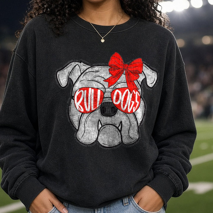 Georgia Bulldogs Glasses DTF transfer shown on a Comfort Colors sweatshirt